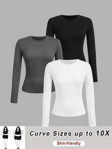 SHEIN CURVE+ Plus Size 3pcs Women's Solid Round Neck Casual Fitted Long Sleeve T-Shirt Set, Suitable For Spring, Autumn And Winter Fall - Multicolor - View 6