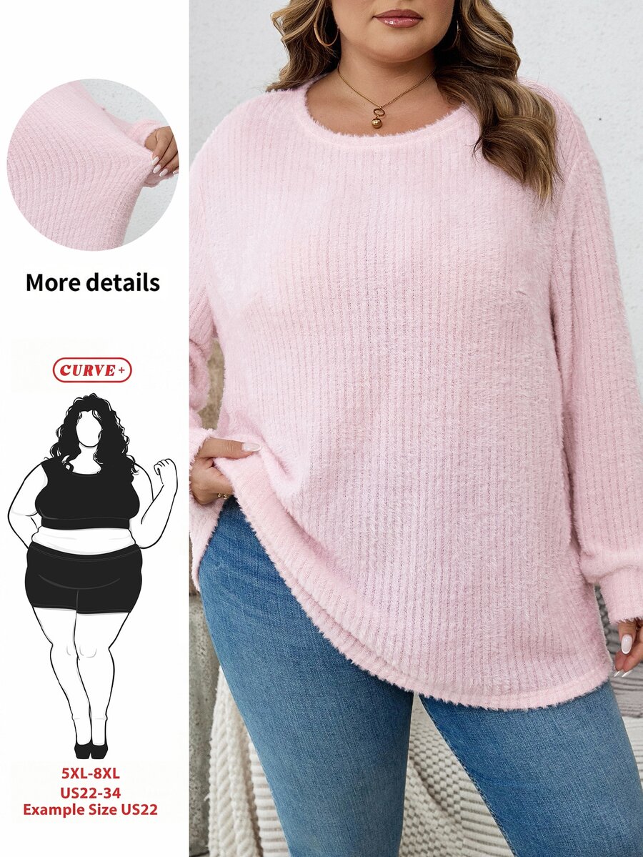 SHEIN CURVE+ 大尺碼戶外穿著上衣,休閒圓領落肩寬鬆款,2026年秋季 22W 約會之夜辦公室粉色 - 粉色 - 查看 1