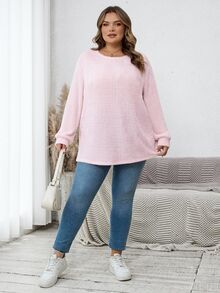 SHEIN CURVE+ 大尺碼戶外穿著上衣，休閒圓領落肩寬鬆款，2026年秋季 22W 約會之夜辦公室粉色 - 粉色 - 查看 6