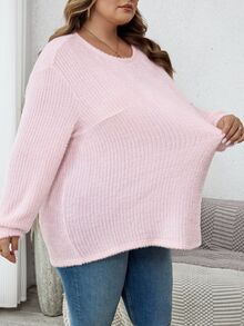 SHEIN CURVE+ 大尺碼戶外穿著上衣，休閒圓領落肩寬鬆款，2026年秋季 22W 約會之夜辦公室粉色 - 粉色 - 查看 4