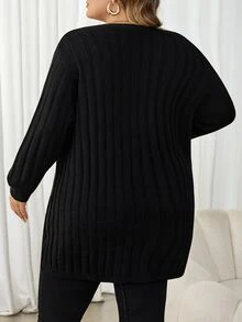 SHEIN CURVE+ 大码女式宽松开衫毛衣，商务休闲乡村度假上衣，冬季 - 黑色 - 查看 2