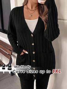 SHEIN CURVE+ 大码女式宽松开衫毛衣，商务休闲乡村度假上衣，冬季 - 黑色 - 查看 9