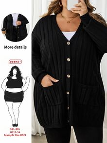 SHEIN CURVE+ 大码女式宽松开衫毛衣，商务休闲乡村度假上衣，冬季 - 黑色 - 查看 1