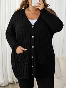 SHEIN CURVE+ 大码女式宽松开衫毛衣，商务休闲乡村度假上衣，冬季 - 黑色 - 查看 6