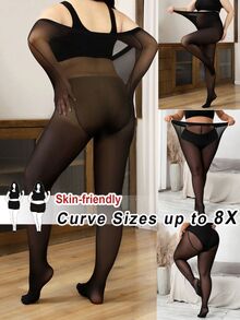SHEIN CURVE+ 大码女式纯色连裤袜性感透明高弹力紧身裤 - 黑色 - 查看 10