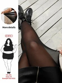 SHEIN CURVE+ 大码女式纯色连裤袜性感透明高弹力紧身裤 - 黑色 - 查看 1