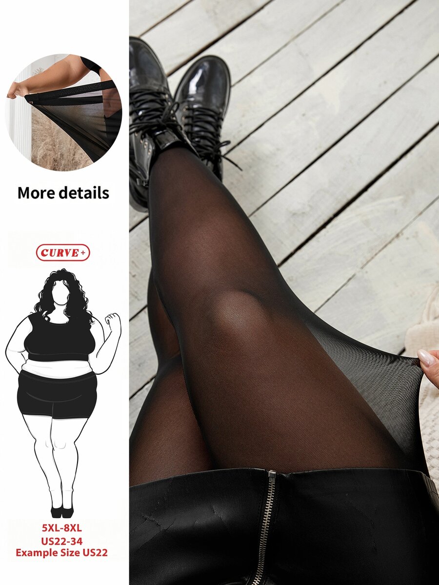 SHEIN CURVE+ 大码女式纯色连裤袜性感透明高弹力紧身裤 - 黑色 - 查看 1