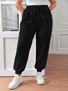 SHEIN CURVE+ Women's Plus Size Casual Sports Drawstring Waist Pants, Joggers, Loose Fit Fall, Winter 2026 22W - Black - View 2