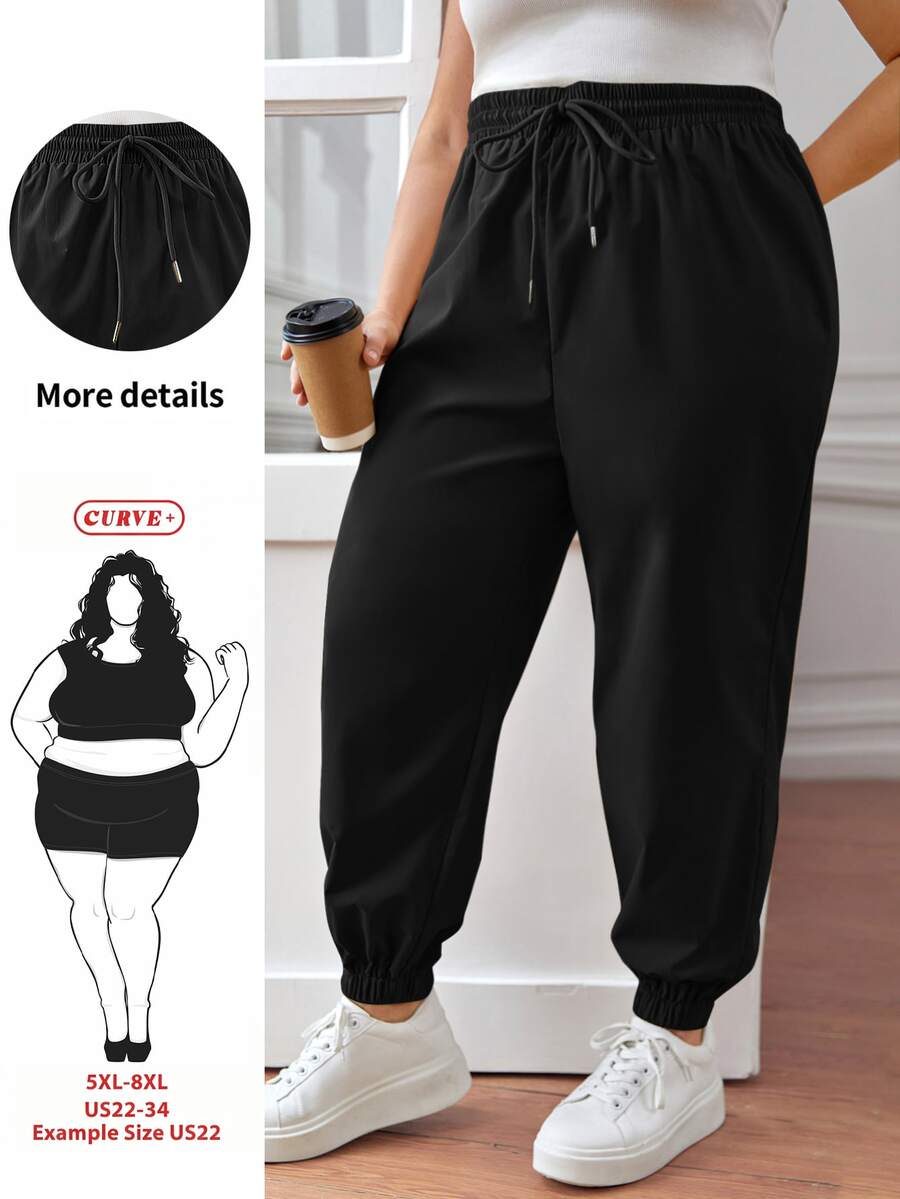 SHEIN CURVE+ Women's Plus Size Casual Sports Drawstring Waist Pants, Joggers, Loose Fit Fall, Winter 2026 22W - Black - View 1