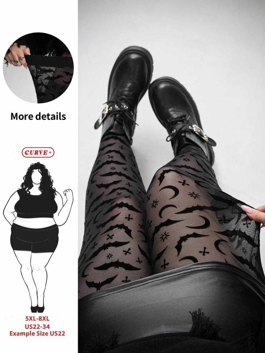 SHEIN CURVE+ Women's Plus Size Sheer Bat Halloween Pattern Leggings - Black - View 1