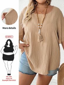 SHEIN CURVE+ 大码女式卡其色荷叶边短袖衬衫，宽松休闲下摆，适合日常及度假穿着，夏季，适合曲线身材，波西米亚风海滩度假，海滩必备单品，毕业典礼，下午茶派对 - 杏色 - 查看 1