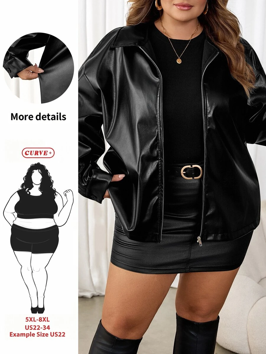 SHEIN CURVE+ Plus Size Women Black Long Sleeve PU Leather Jacket In Fall/Winter - Black - View 1