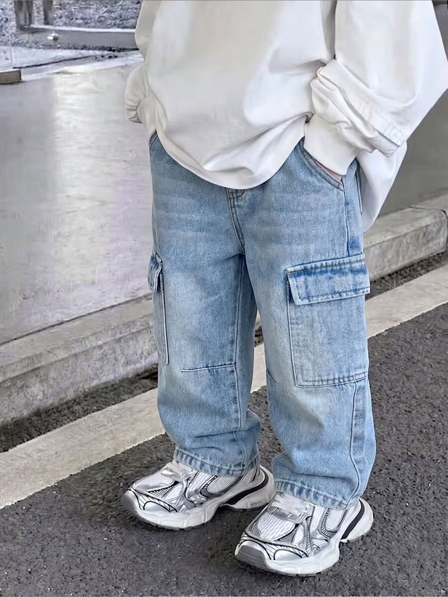 SHEIN 小男孩牛仔長褲,休閒街頭風,度假款,藍色嬰兒水洗,彈性腰頭,貓鬚水洗,工裝口袋,棉質牛仔,冬季 - 淺色水洗藍 - 查看 1