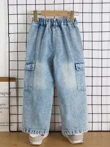 SHEIN 小男孩牛仔長褲，休閒街頭風，度假款，藍色嬰兒水洗，彈性腰頭，貓鬚水洗，工裝口袋，棉質牛仔，冬季 - 淺色水洗藍 - 查看 2
