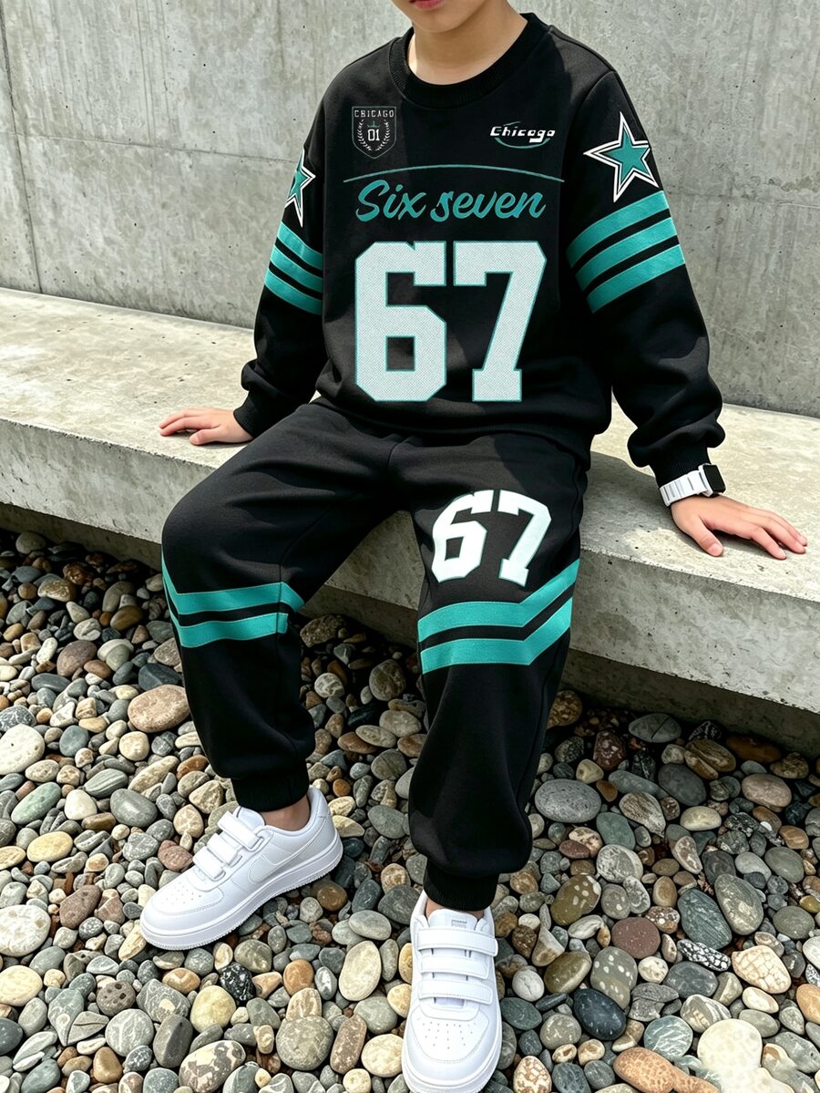 Tween Boys Graphic 67 Letter Star Stripe Print Drop Shoulder Crew Neck Sweatshirt Sweatpants 2 Pieces Set School Black And White Autumn - Multicolor - View 1