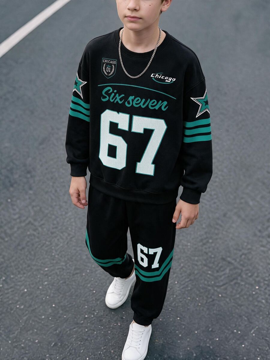 Tween Boys Graphic 67 Letter Star Stripe Print Drop Shoulder Crew Neck Sweatshirt Sweatpants 2 Pieces Set School Black And White Autumn - Multicolor - View 1