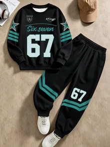 Tween Boys Graphic 67 Letter Star Stripe Print Drop Shoulder Crew Neck Sweatshirt Sweatpants 2 Pieces Set School Black And White Autumn - Multicolor - View 6