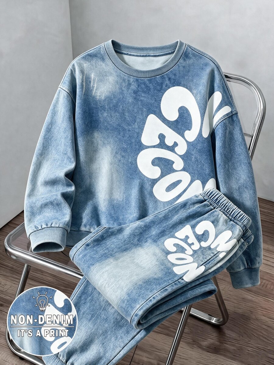 Setelan Anak Laki-Laki Kasual Streetwear Motif Huruf dan Bunga, Sweatshirt dan Celana Jogging Kerah Bulat Bahu Longgar 2 Potong, Warna Biru dan Putih, Cocok untuk Sekolah dan Musim Gugur. - MultiWarna - View 1