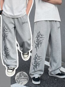 Tween Boys Wide Leg Sweatpants Streetwear Gray Gothic Print Loose Fit Elastic Waist School Clothes Bottoms, Autumn/Winter Straight Lined Sweatpants - Multicolor - View 1