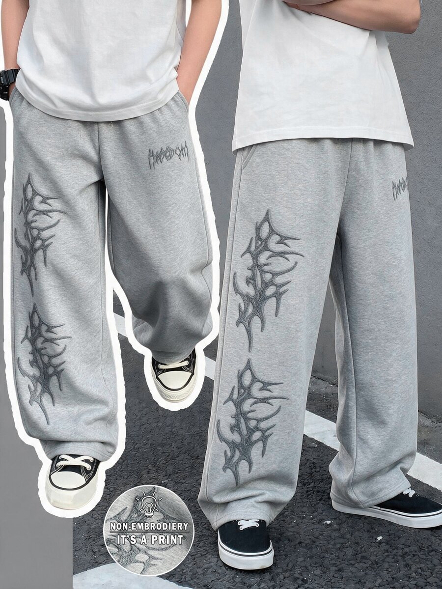 Tween Boys Wide Leg Sweatpants Streetwear Gray Gothic Print Loose Fit Elastic Waist School Clothes Bottoms, Autumn/Winter Straight Lined Sweatpants - Multicolor - View 1