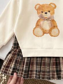 1pcs Girls Fall Style Teddy Bear Print Sweatshirt & Plaid Pleated Skirt Cute Sweet Autumn - Multicolor - View 9
