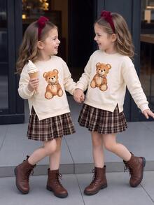 1pcs Girls Fall Style Teddy Bear Print Sweatshirt & Plaid Pleated Skirt Cute Sweet Autumn - Multicolor - View 1