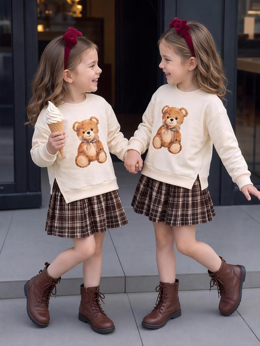 1pcs Girls Fall Style Teddy Bear Print Sweatshirt & Plaid Pleated Skirt Cute Sweet Autumn - Multicolor - View 1