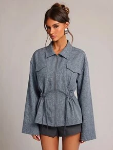 SHEIN BAE 女款秋冬日常通勤百搭紋理翻領金屬拉鍊鬆緊繩腰長袖夾克外套 - 藏蓝色 - 查看 3