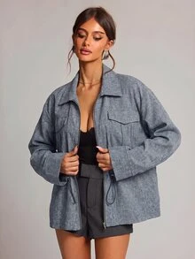 SHEIN BAE 女款秋冬日常通勤百搭紋理翻領金屬拉鍊鬆緊繩腰長袖夾克外套 - 藏蓝色 - 查看 2