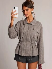 SHEIN BAE 女款秋冬日常通勤百搭紋理翻領金屬拉鍊彈性繩收腰長袖夾克外套 - 棕色 - 查看 1