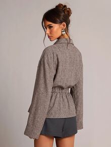 SHEIN BAE 女款秋冬日常通勤百搭紋理翻領金屬拉鍊彈性繩收腰長袖夾克外套 - 棕色 - 查看 6