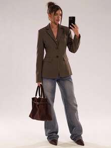 SHEIN BAE Women's Solid Color Single-Breasted Notch Lapel Casual Commuter Blazer - Brown - View 6