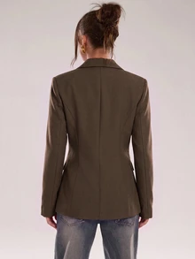 SHEIN BAE Women's Solid Color Single-Breasted Notch Lapel Casual Commuter Blazer - Brown - View 2