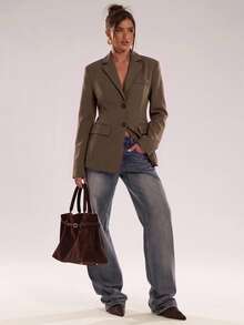 SHEIN BAE Women's Solid Color Single-Breasted Notch Lapel Casual Commuter Blazer - Brown - View 3