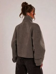 SHEIN BAE 女款素色插肩袖長袖寬鬆休閒夾克 - 咖啡棕 - 查看 2