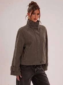 SHEIN BAE 女款素色插肩袖長袖寬鬆休閒夾克 - 咖啡棕 - 查看 5