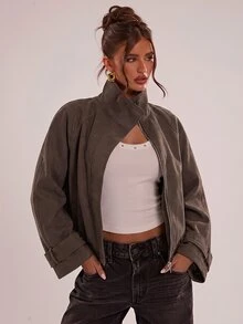 SHEIN BAE 女款素色插肩袖長袖寬鬆休閒夾克 - 咖啡棕 - 查看 7