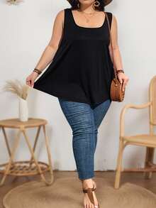 SHEIN CURVE+ Curve 加大码女式时尚宽松舒适无袖黑色背心 - 黑色 - 查看 6