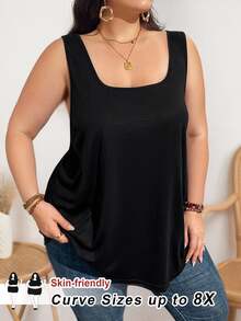 SHEIN CURVE+ Curve 加大码女式时尚宽松舒适无袖黑色背心 - 黑色 - 查看 4
