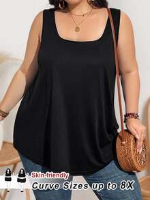 SHEIN CURVE+ Curve 加大码女式时尚宽松舒适无袖黑色背心 - 黑色 - 查看 7