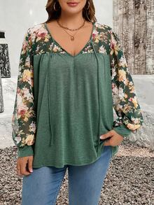 SHEIN CURVE+ قميص كاجوال بأكمام طويلة مطبوع بزهور مع عنق على شكل V وعقدة، مناسب للمقاسات الكبيرة - متعدد الألوان - مشاهدة 4