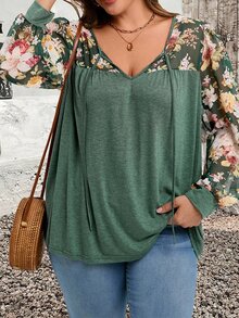 SHEIN CURVE+ قميص كاجوال بأكمام طويلة مطبوع بزهور مع عنق على شكل V وعقدة، مناسب للمقاسات الكبيرة - متعدد الألوان - مشاهدة 8
