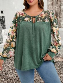 SHEIN CURVE+ قميص كاجوال بأكمام طويلة مطبوع بزهور مع عنق على شكل V وعقدة، مناسب للمقاسات الكبيرة - متعدد الألوان - مشاهدة 3