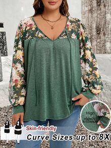 SHEIN CURVE+ قميص كاجوال بأكمام طويلة مطبوع بزهور مع عنق على شكل V وعقدة، مناسب للمقاسات الكبيرة - متعدد الألوان - مشاهدة 9