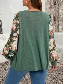 SHEIN CURVE+ قميص كاجوال بأكمام طويلة مطبوع بزهور مع عنق على شكل V وعقدة، مناسب للمقاسات الكبيرة - متعدد الألوان - مشاهدة 2