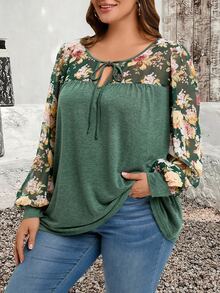 SHEIN CURVE+ قميص كاجوال بأكمام طويلة مطبوع بزهور مع عنق على شكل V وعقدة، مناسب للمقاسات الكبيرة - متعدد الألوان - مشاهدة 7