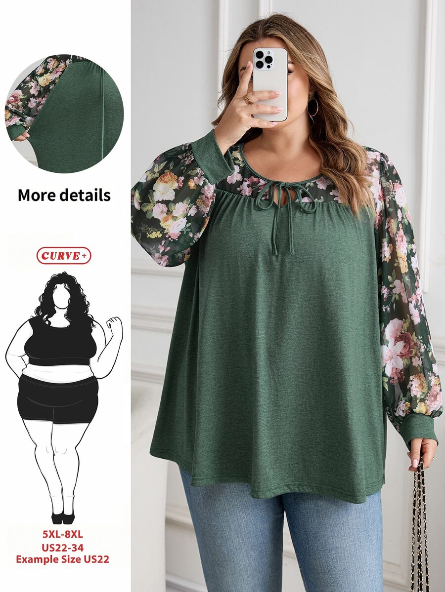 SHEIN CURVE+ قميص كاجوال بأكمام طويلة مطبوع بزهور مع عنق على شكل V وعقدة، مناسب للمقاسات الكبيرة - متعدد الألوان - مشاهدة 1
