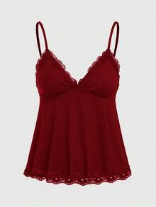ROMWE Fairycore Spring/Summer Elegant Solid Color Lace Trim Camisole - Burgundy - View 1