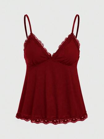 Fairycore Elegante canotta con bordo in pizzo tinta unita, estiva