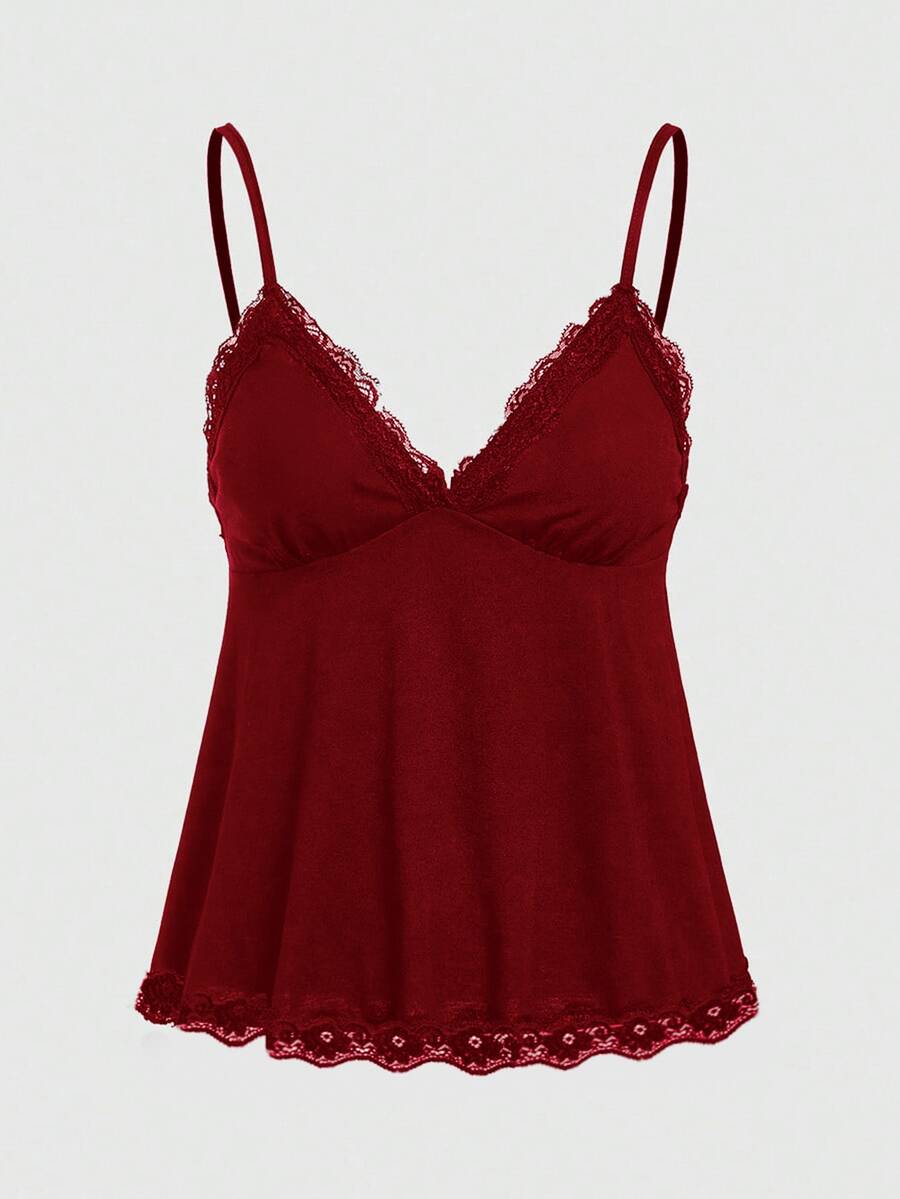 ROMWE Fairycore Spring/Summer Elegant Solid Color Lace Trim Camisole - Burgundy - View 1